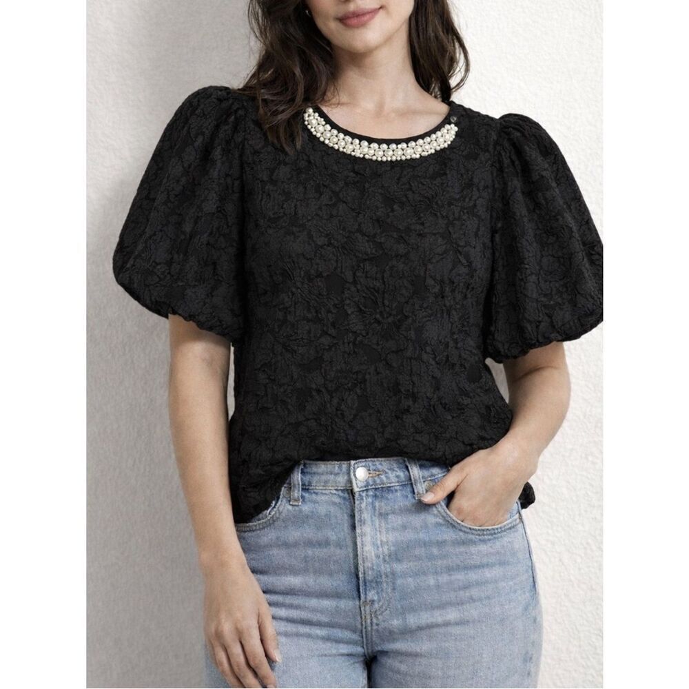 Hazel Womens Black Floral Jacquard Beaded Pearl Neck Tie Back Blouse Top XL Boho